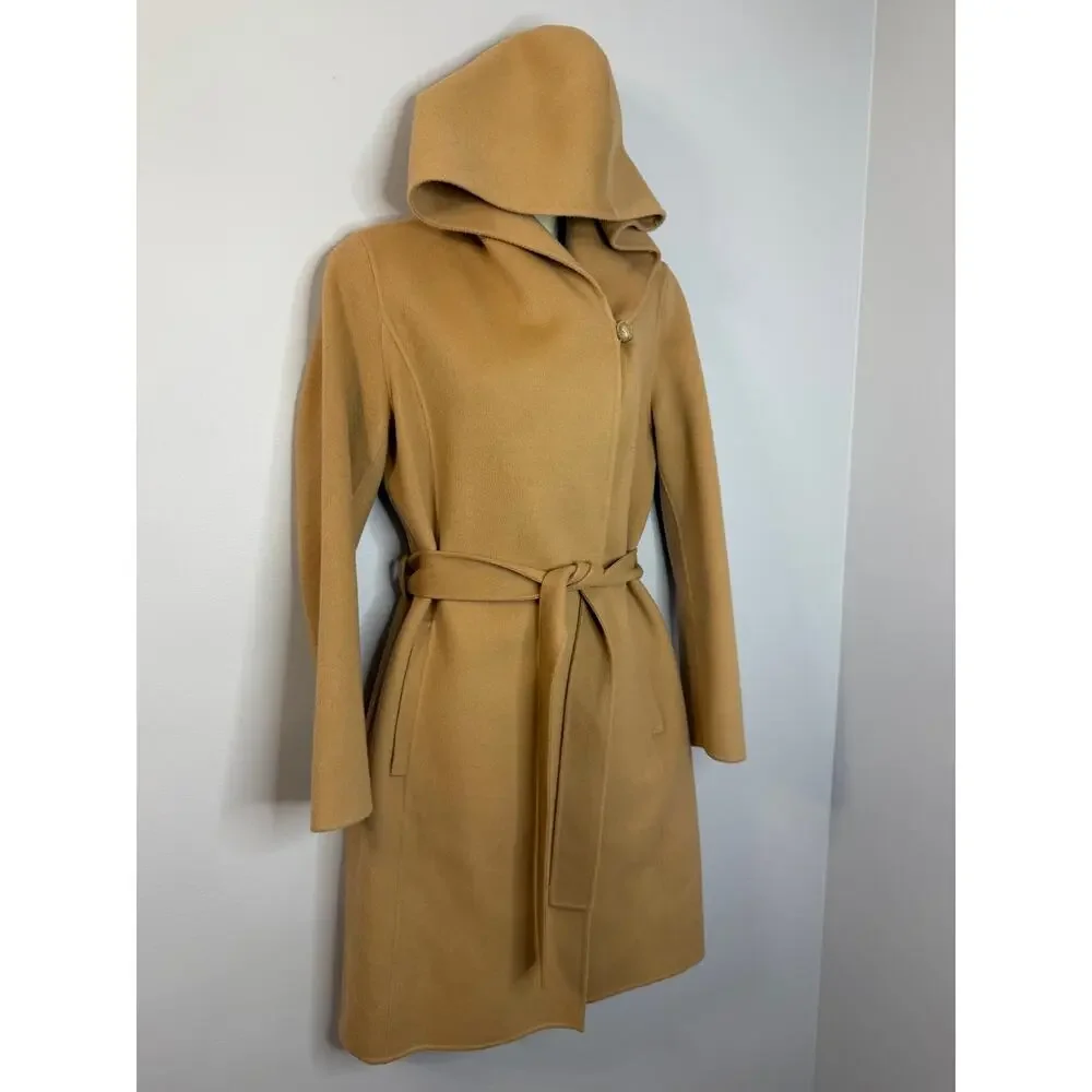 Theory Wilrose New Divide Wool Cashmere Wool Hooded Belted Wrap Coat Tan Sz S - Picture 2 of 14
